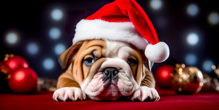 Cute young puppy wearing Christmas Santa Claus hat. Adorable petsの素材
