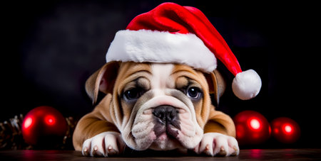 Cute young puppy wearing Christmas Santa Claus hat. Adorable petsの素材