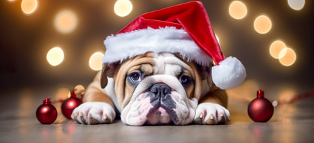 Cute young puppy wearing Christmas Santa Claus hat. Adorable petsの素材