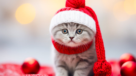 Cute young puppy wearing Christmas Santa Claus hat. Adorable petsの素材