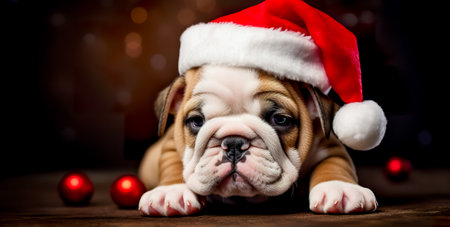 Cute young puppy wearing Christmas Santa Claus hat. Adorable petsの素材
