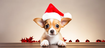 Cute young puppy wearing Christmas Santa Claus hat. Adorable petsの素材
