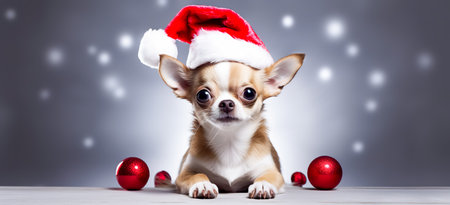 Cute young puppy wearing Christmas Santa Claus hat. Adorable petsの素材