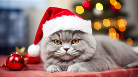 Cute young puppy wearing Christmas Santa Claus hat. Adorable petsの素材