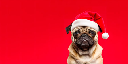 Cute young puppy wearing Christmas Santa Claus hat. Adorable petsの素材