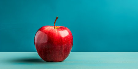 Red apple on blue background with copy space. Healthy food concept.の素材