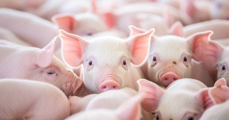Piglets in a pig farm. Selective focus with shallow depth of field.の素材