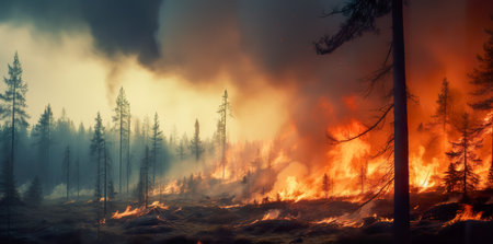 Forest fire, burning trees and bushes in the foreground, dramatic skyの素材