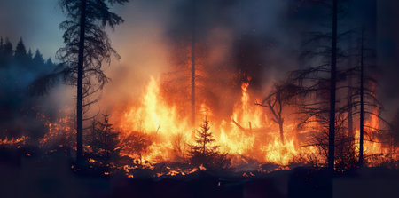 Forest fire in the night, 3d rendering. Computer digital drawing.の素材