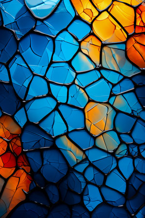 abstract background of blue and orange mosaic tiles with cracks and holesの素材