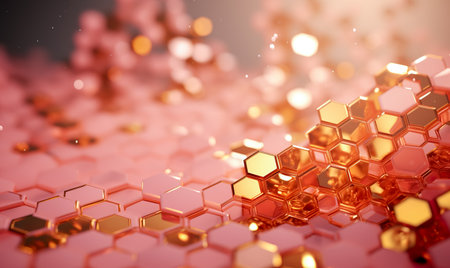 3d rendering of abstract background with hexagons in pink and golden colorsの素材
