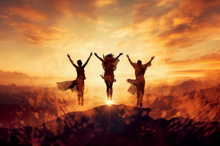 Silhouette of three women with arms raised against mountain landscape under sunlightの素材