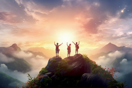 Group of happy people standing on the top of the mountain and looking at sunriseの素材