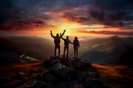 Silhouette of a group of friends standing on a mountain peak at sunset.の素材