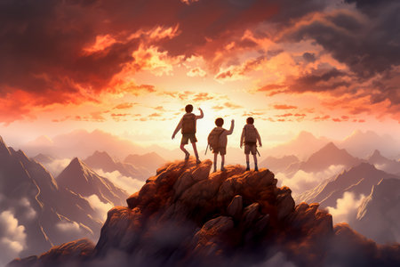 Group of people standing on the top of a mountain and looking at the sunsetの素材
