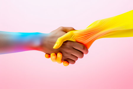 Partnership concept. Handshake of two people on a pink backgroundの素材