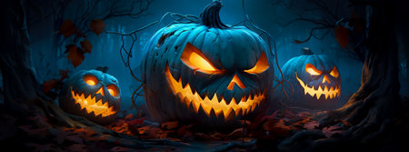Halloween pumpkins with scary faces in dark forest.の素材