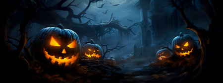 Halloween background with scary pumpkins and dead trees.の素材