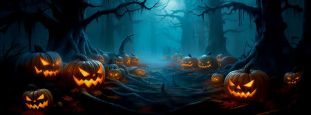 Halloween background with scary pumpkins in dark forest. illustrationの素材