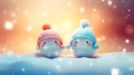 Couple Snowman standing outside on a winters day. Concept of winter, snow and childhood.の素材
