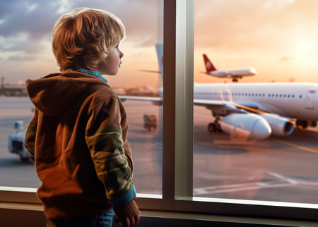 Child watching from the window of the airport the planes, taking off and landing while waiting at to board the aircraft for a holidayの素材