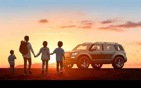 Happy family enjoying drive in their new electric car. Family road trip. summer holiday travel.の素材