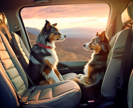 two dogs travels by car in summer. Pets on vacation.の素材