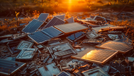 A broken solar panel, a torn panel mount lie on the ground. Consequences of a natural disaster. Green energy and natural conditionsの素材