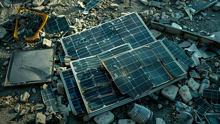 A broken solar panel, a torn panel mount lie on the ground. Consequences of a natural disaster. Green energy and natural conditionsの素材