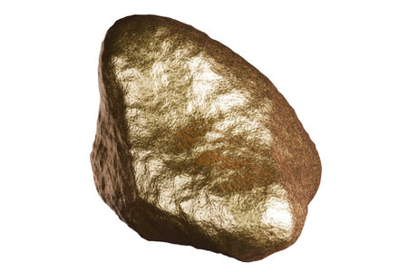 Golden stone on white background isolated close up, gold nugget, yellow metal rocks samples texture, gold mine, gold ore, group of shiny golden lumps, rough natural mineral gold chunkの写真素材