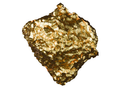 Golden stone on white background isolated close up, gold nugget, yellow metal rocks samples texture, gold mine, gold ore, group of shiny golden lumps, rough natural mineral gold chunkの写真素材