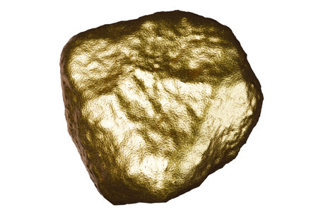 Golden stone on white background isolated close up, gold nugget, yellow metal rocks samples texture, gold mine, gold ore, group of shiny golden lumps, rough natural mineral gold chunkの写真素材