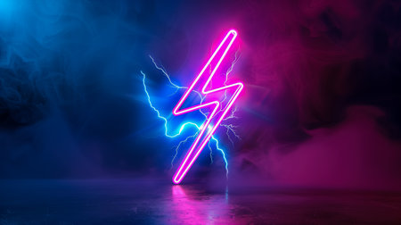 abstract background with cloud and neon lightning sign in the night sky. Stormy cumulus with glowing geometric shapeの素材