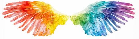 Rainbow watercolor spreaded wings. Beautiful magic shiny glittery rainbow wingsの素材