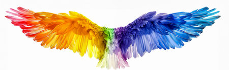 Rainbow watercolor spreaded wings. Beautiful magic shiny glittery rainbow wingsの素材