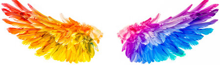 Rainbow watercolor spreaded wings. Beautiful magic shiny glittery rainbow wingsの素材