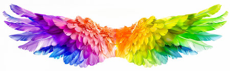 Rainbow watercolor spreaded wings. Beautiful magic shiny glittery rainbow wingsの素材