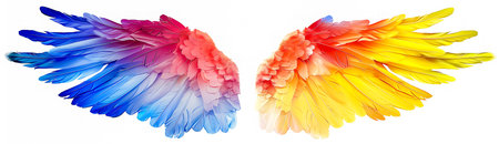 Rainbow watercolor spreaded wings. Beautiful magic shiny glittery rainbow wingsの素材