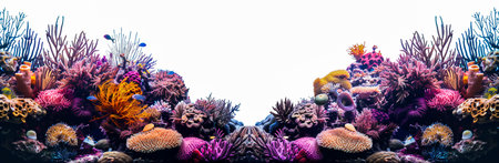 A vibrant coral reef with a variety of colorful corals and small fish isolatedの素材