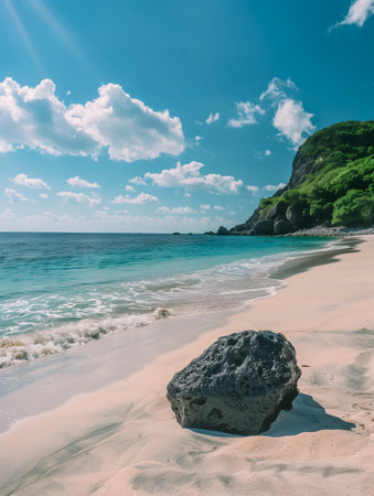 Stone in sea with wave on sunset time. Sea with the stones and sand of a beachの素材