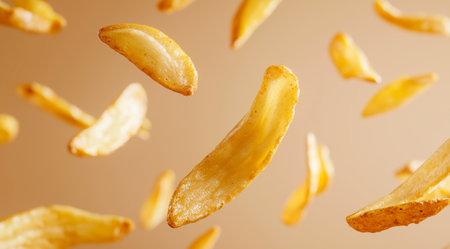 French fries - fried potatoes flying. Fly fastfoodの素材