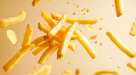 French fries - fried potatoes flying. Fly fastfoodの素材