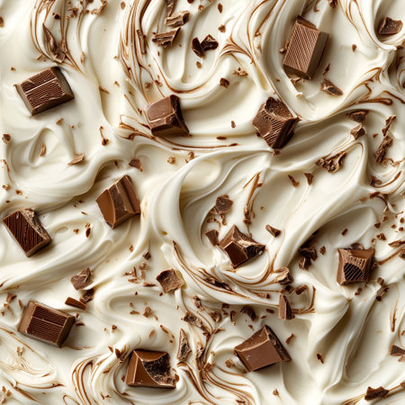 White Chocolate. Pouring melted liquid premium milk white chocolate. Close up of molten liquid hot chocolate swirl. Confectioneryの素材