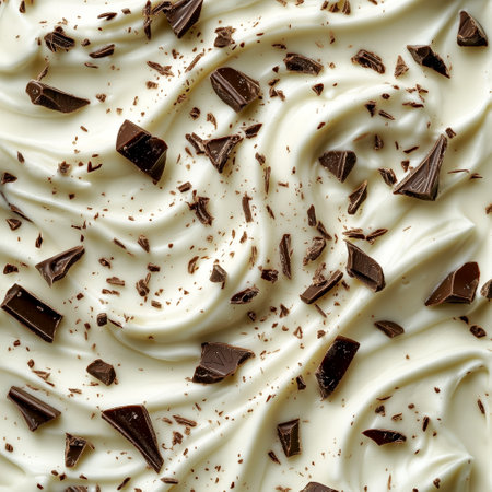 White Chocolate. Pouring melted liquid premium milk white chocolate. Close up of molten liquid hot chocolate swirl. Confectioneryの素材