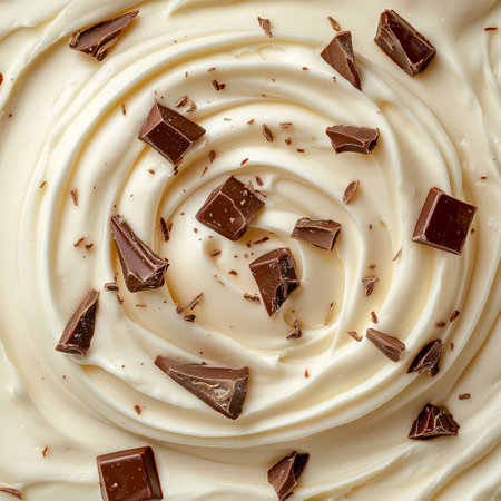 White Chocolate. Pouring melted liquid premium milk white chocolate. Close up of molten liquid hot chocolate swirl. Confectioneryの素材