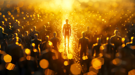 man with golden light. leadership concept. Leadership to lead team to the right direction, employee teamwork to help successの素材