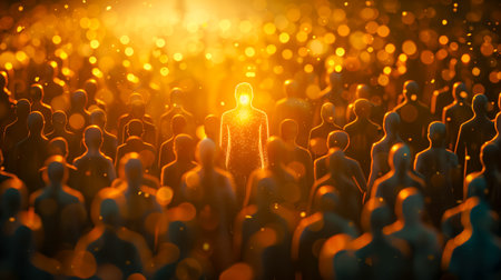 man with golden light. leadership concept. Leadership to lead team to the right direction, employee teamwork to help successの素材