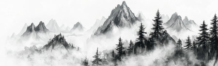 mountain and tree art background. Oriental Luxury landscape background design with watercolor brush line texture. Wallpaper designの素材