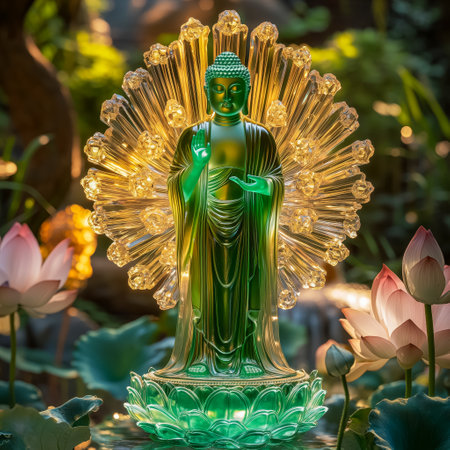 A golden statue of a Buddhist figure meditating decorate with colorful flowers. Concept for Vesak Day and Enlightenment Dayの素材