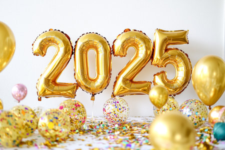 Happy New Year 2025 festive background. Golden foil balloons in shape of numbers 2025 on white background. Creative holiday template banner for Partyの素材